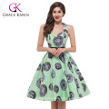 Grace Karin Mulheres Halter Cotton Print V-neck joelho comprimento retro 1950 vestido vintage CL6292-6 #